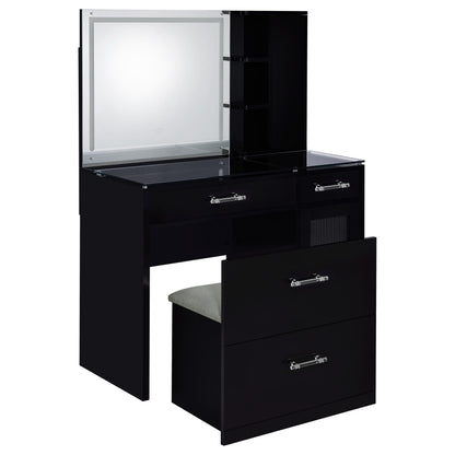 TBA 2-drawer Vanity Table Set LED Mirror and Stool Black High Gloss - 930219