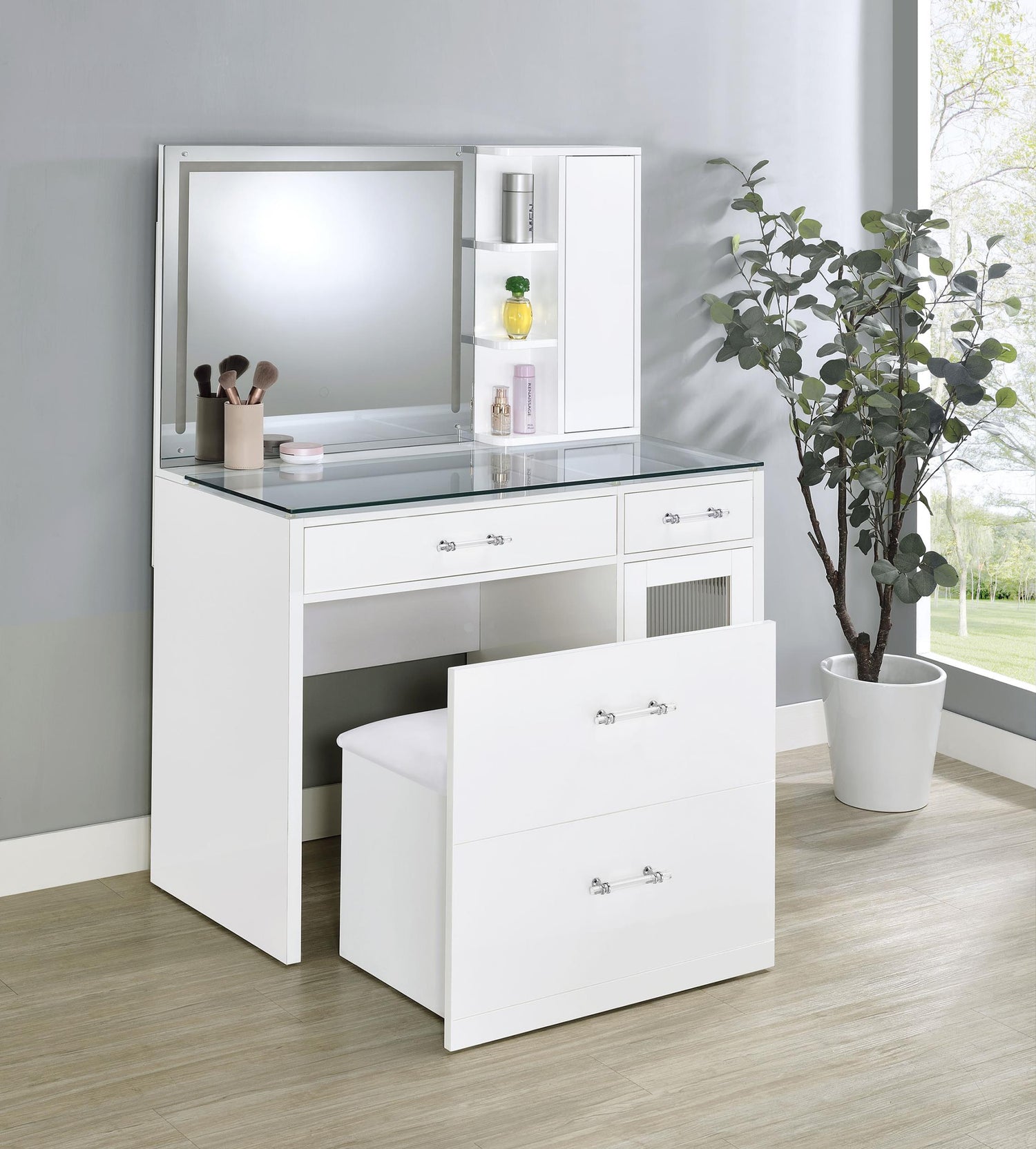TBA 2-drawer Vanity Table Set LED Mirror and Stool White High Gloss - 930218
