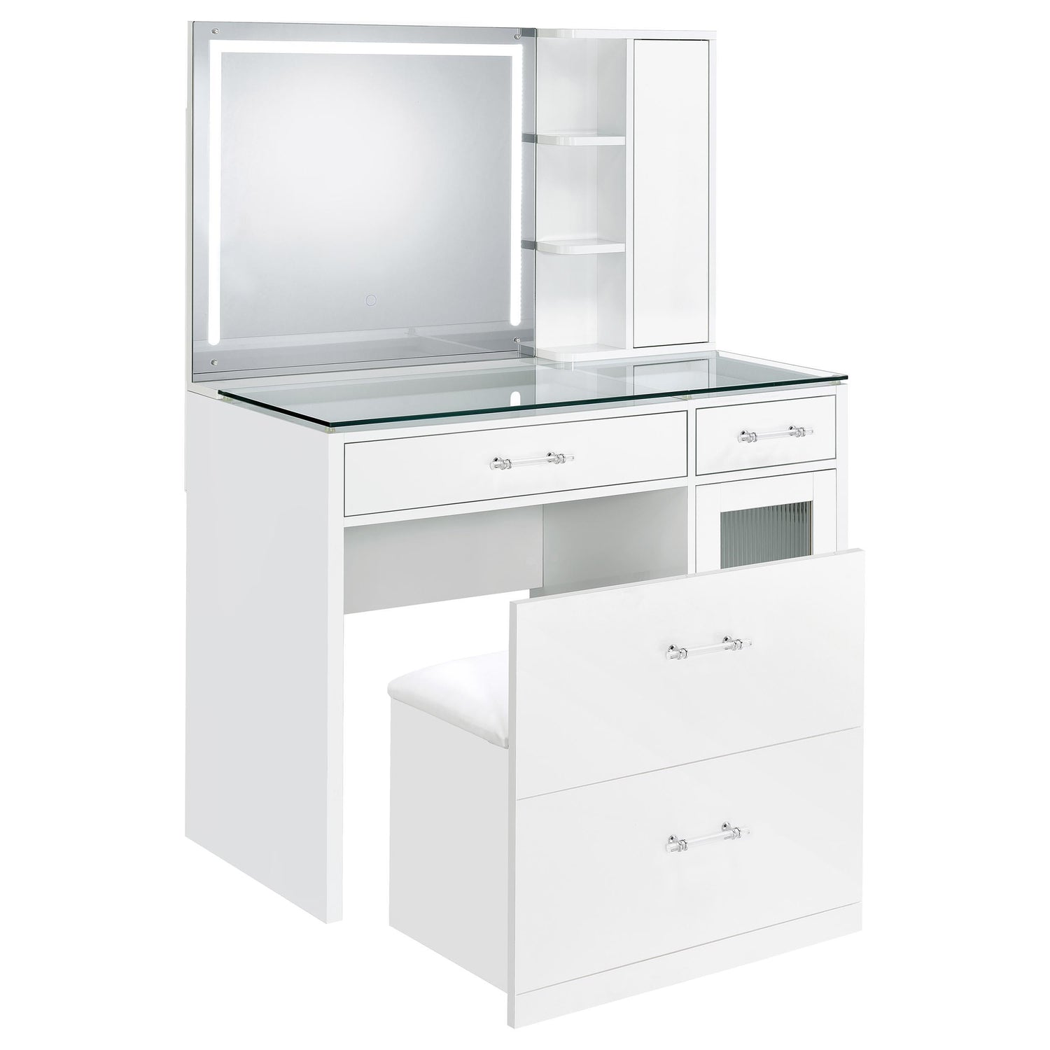 TBA 2-drawer Vanity Table Set LED Mirror and Stool White High Gloss - 930218