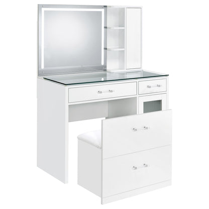 TBA 2-drawer Vanity Table Set LED Mirror and Stool White High Gloss - 930218