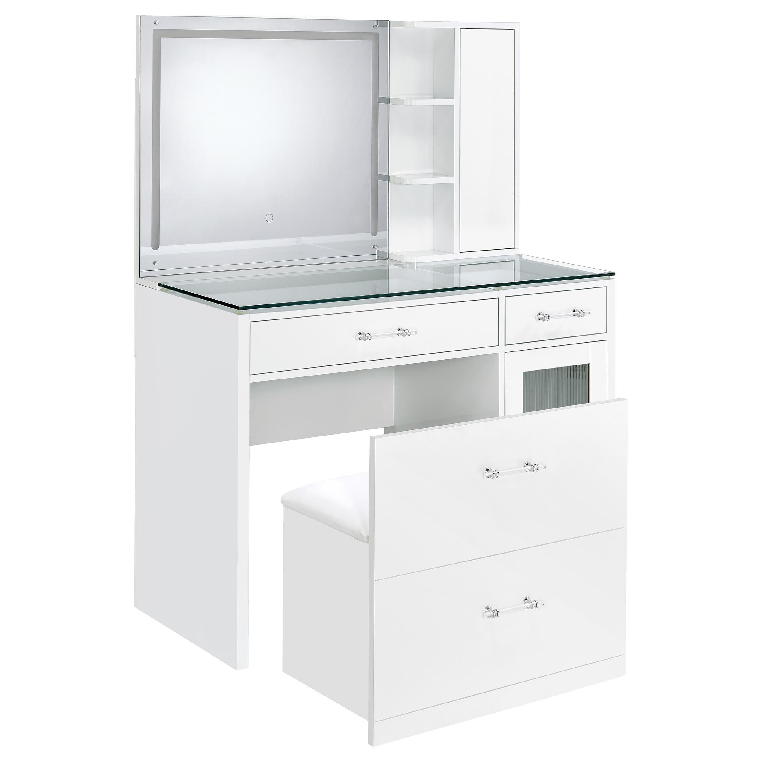 TBA 2-drawer Vanity Table Set LED Mirror and Stool White High Gloss - 930218