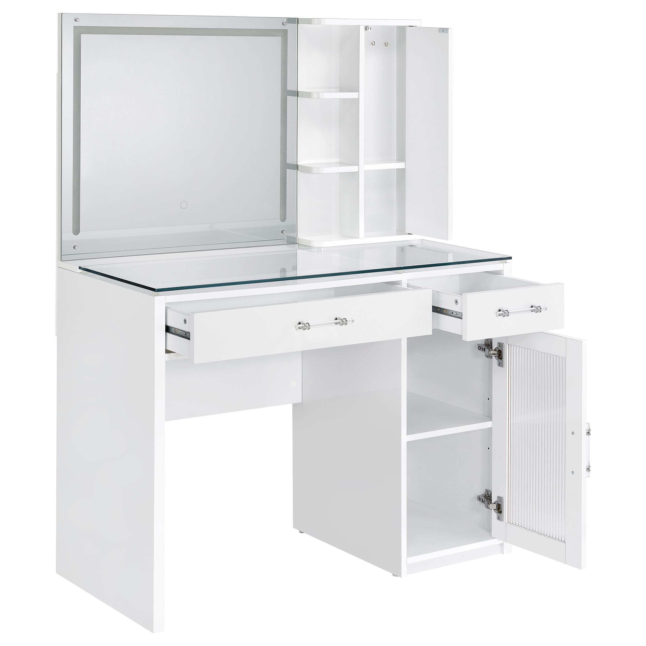TBA 2-drawer Vanity Table Set LED Mirror and Stool White High Gloss - 930218