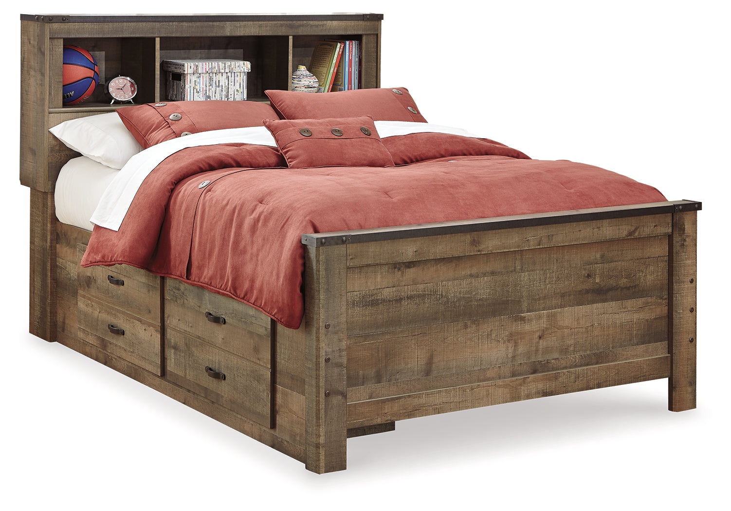 Trinell Brown Full Bookcase Storage Bed, Dresser, Mirror, Chest and 2 Nightstands - B446B89