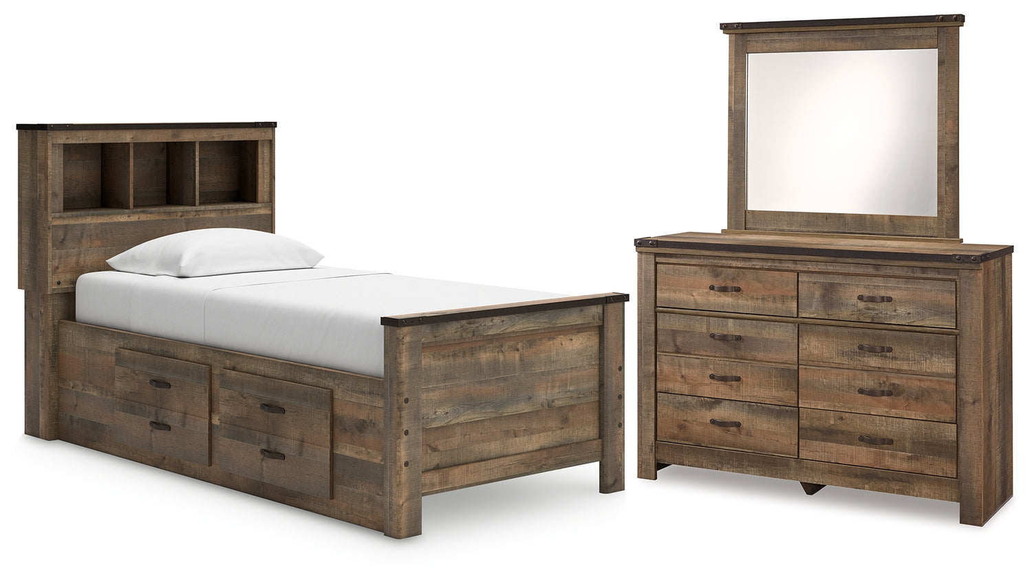Trinell Twin Bookcase Storage Bed, Dresser and Mirror - B446B86