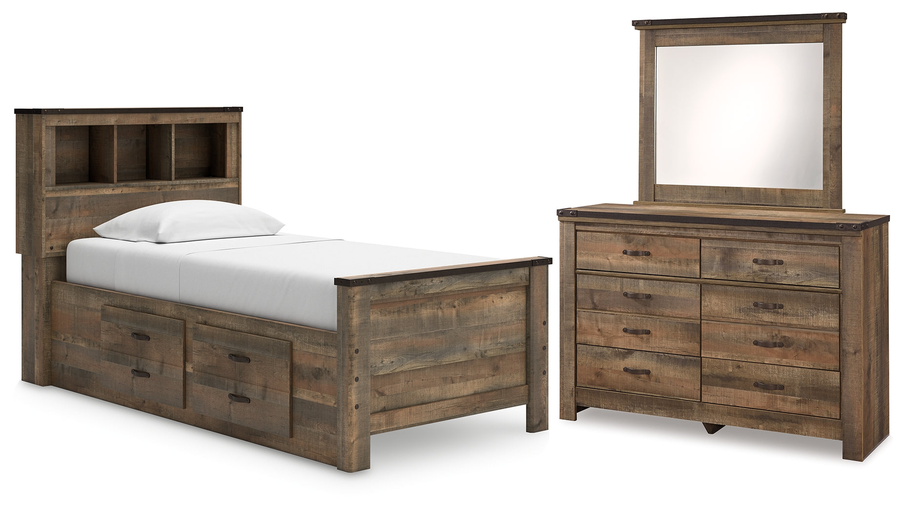 Trinell Twin Bookcase Storage Bed, Dresser and Mirror - B446B86