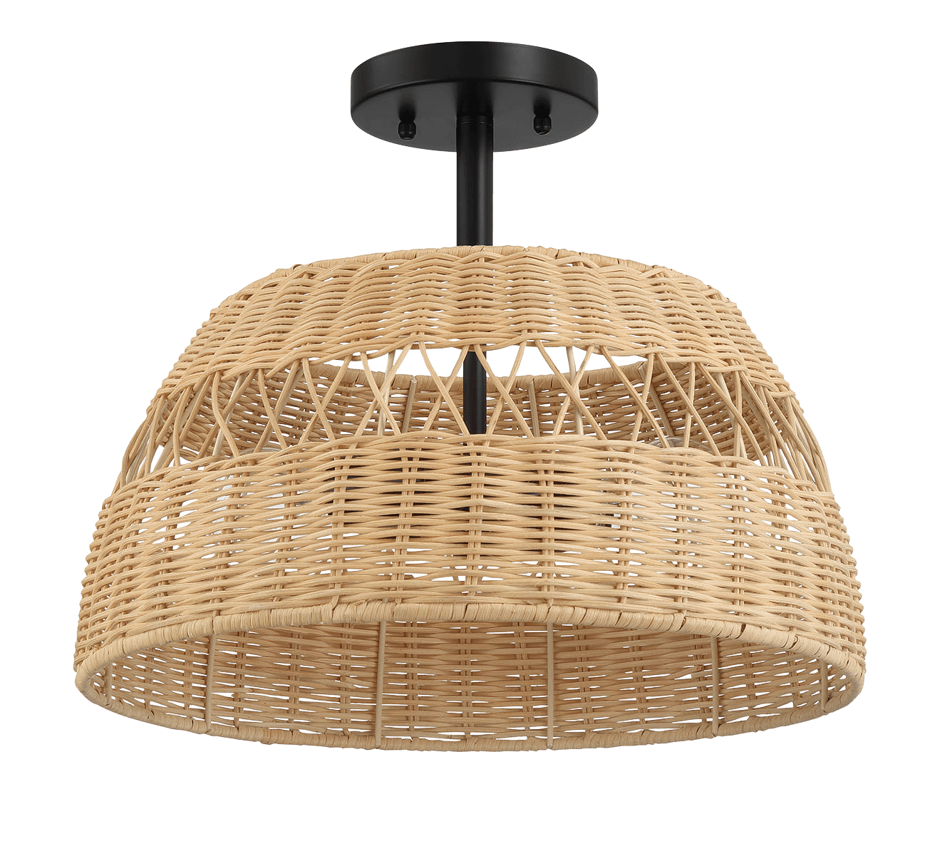 Twinkle Double Lights Semi Flush With Rattan Shade Black Metal Finish for Farmhouse Style - PNL03901601