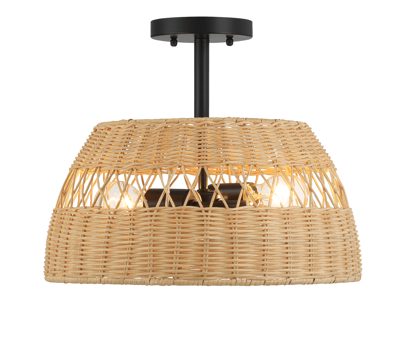 Twinkle Double Lights Semi Flush With Rattan Shade Black Metal Finish for Farmhouse Style - PNL03901601