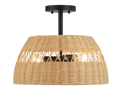 Twinkle Double Lights Semi Flush With Rattan Shade Black Metal Finish for Farmhouse Style - PNL03901601