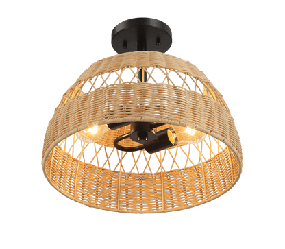 Twinkle Double Lights Semi Flush With Rattan Shade Black Metal Finish for Farmhouse Style - PNL03901601