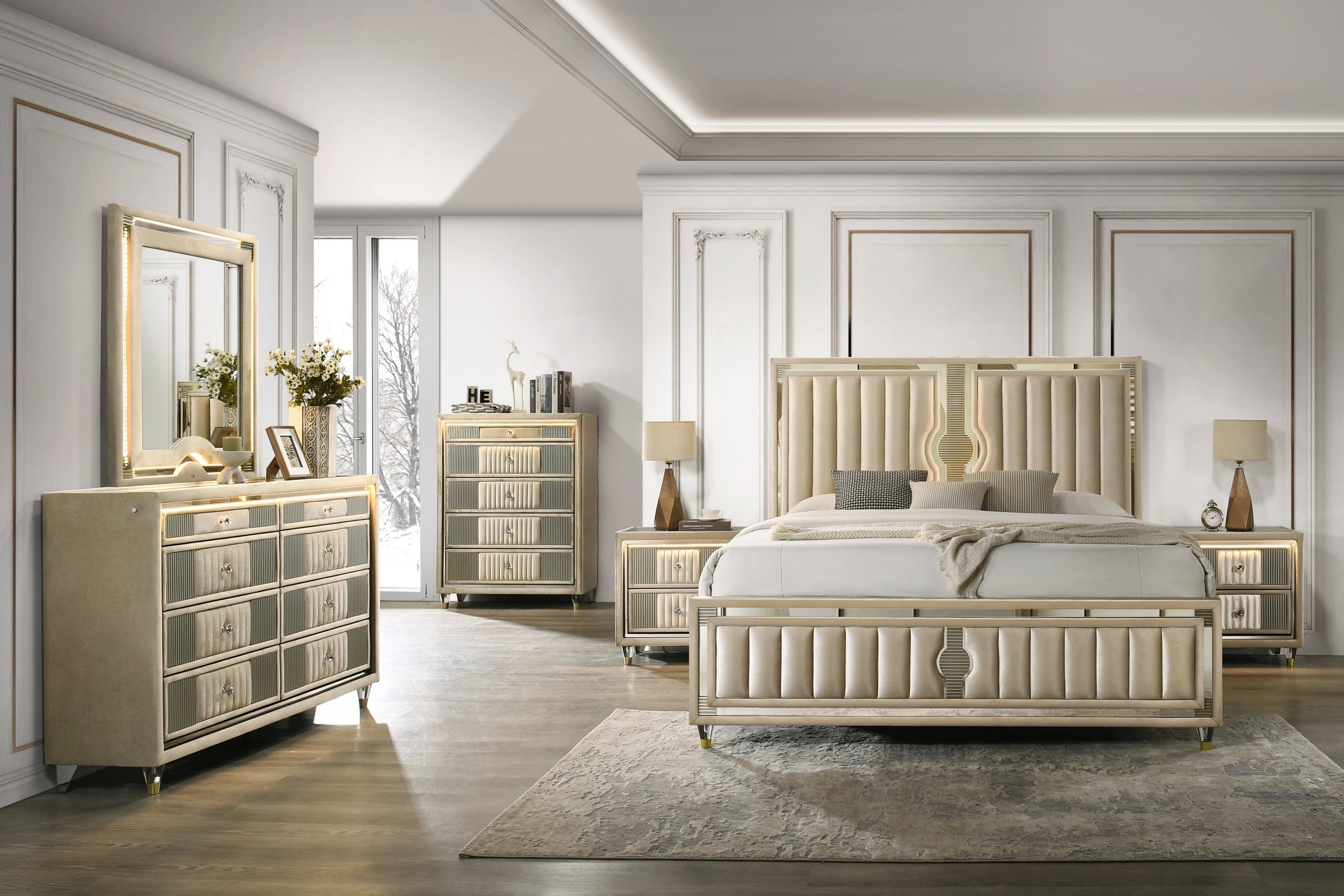 Venetian 4pc or 5pc Platform Bedroom Set - Queen, King *Queen 5pc - VENETIAN 4pc or 5pc Bedroom Set Queen 5pc