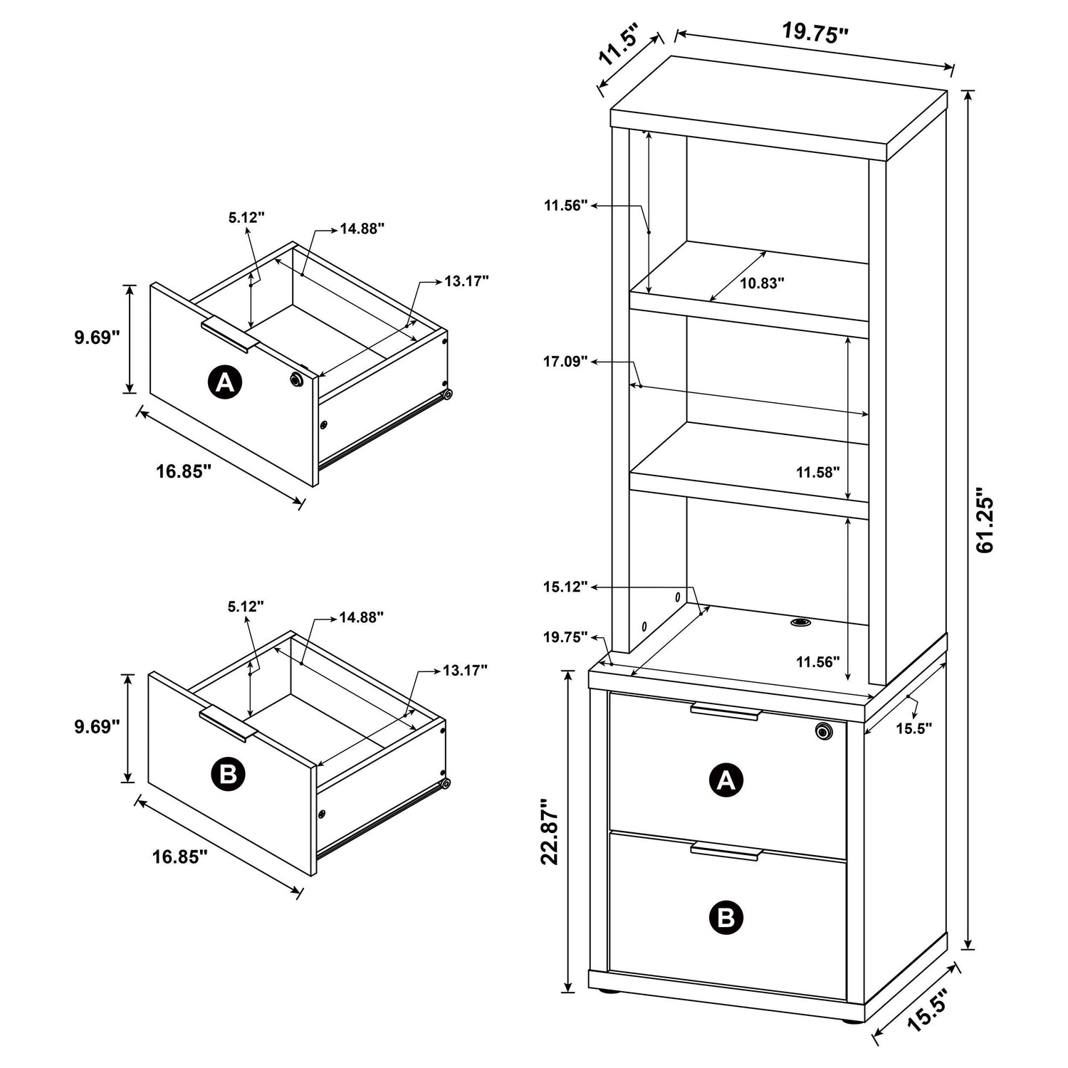 Westpark 3-shelf Bookcase USB and Lockable Drawer Black - 802703