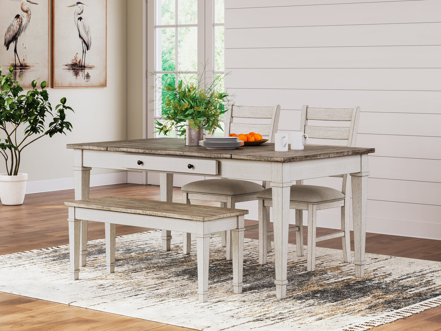 White/Light Brown Skempton Dining Table and 2 Chairs and Bench - PKG014914