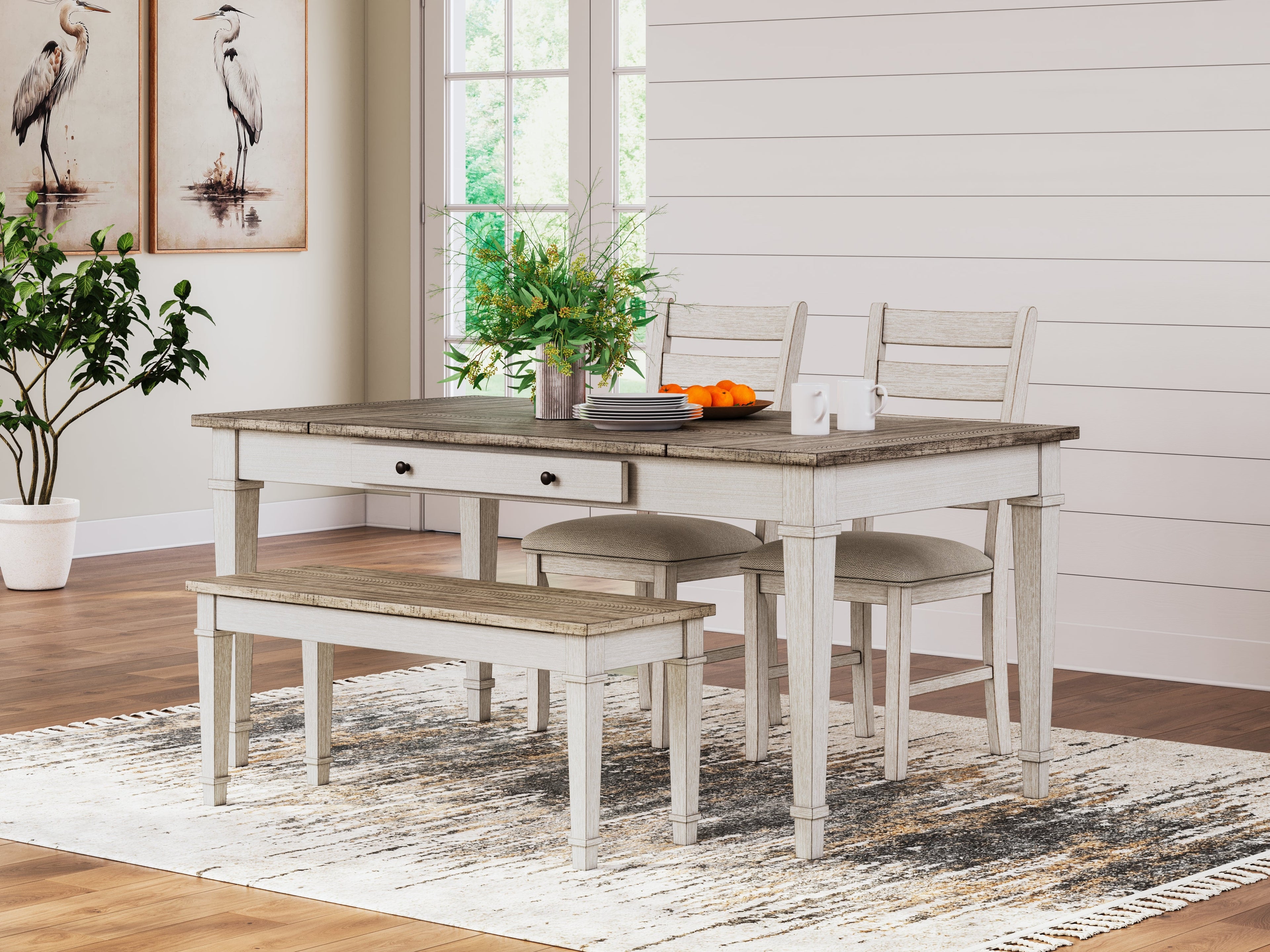White/Light Brown Skempton Dining Table and 2 Chairs and Bench - PKG014914