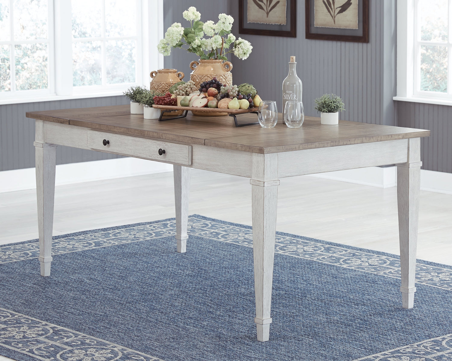 White/Light Brown Skempton Dining Table and 2 Chairs and Bench - PKG014914