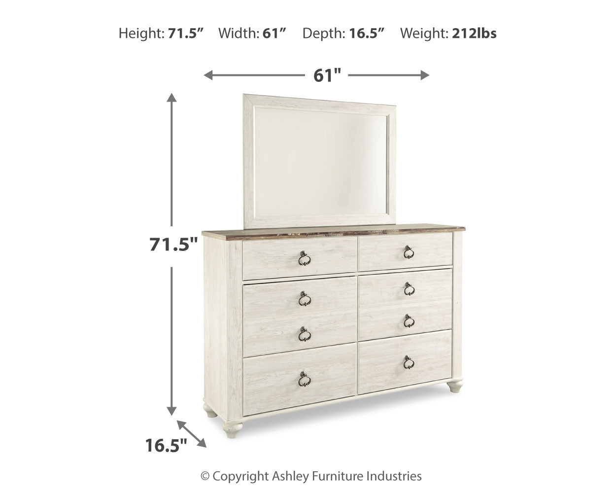 Willowton California King Panel Bed with Mirrored Dresser and 2 Nightstands in Whitewash - PKG007623