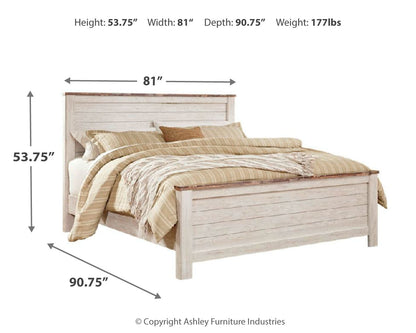 Willowton California King Panel Bed with Mirrored Dresser and 2 Nightstands in Whitewash - PKG007623