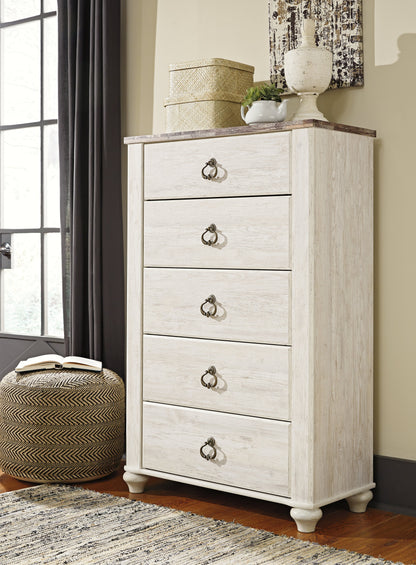 Willowton California King Panel Bed with Mirrored Dresser, Chest and 2 Nightstands in Whitewash - PKG004468