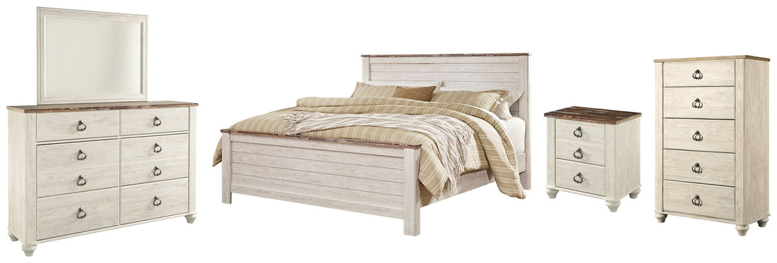 Willowton California King Panel Bed with Mirrored Dresser, Chest and Nightstand in Whitewash - PKG004430