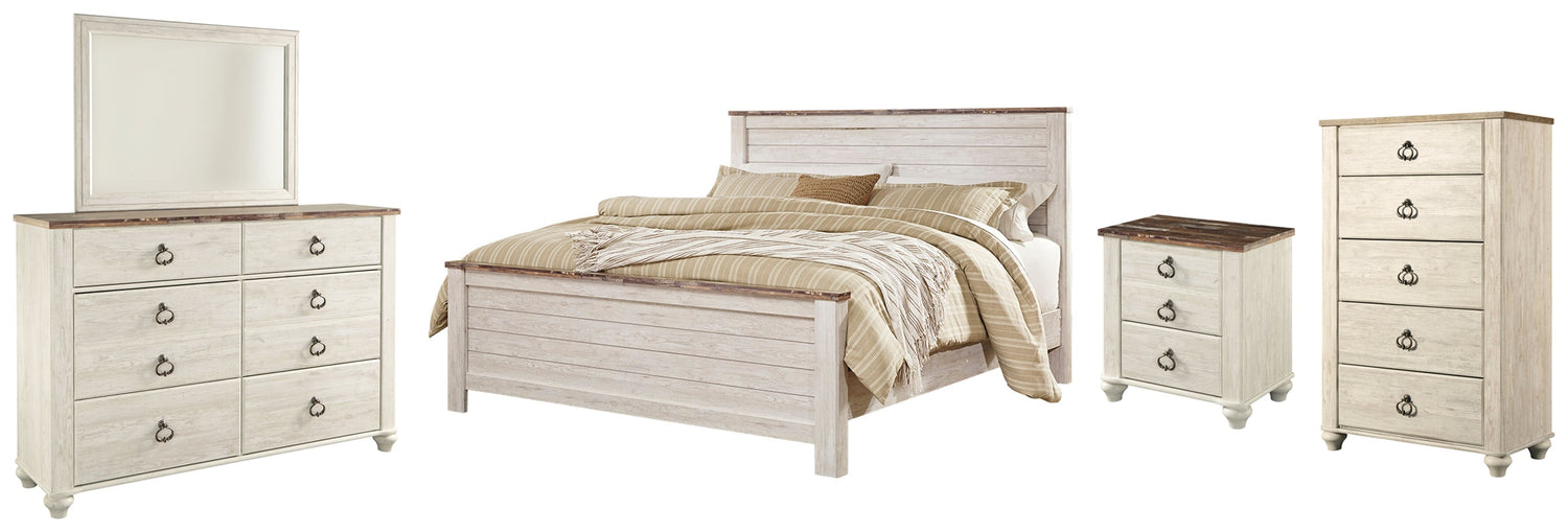 Willowton California King Panel Bed with Mirrored Dresser, Chest and Nightstand in Whitewash - PKG004430