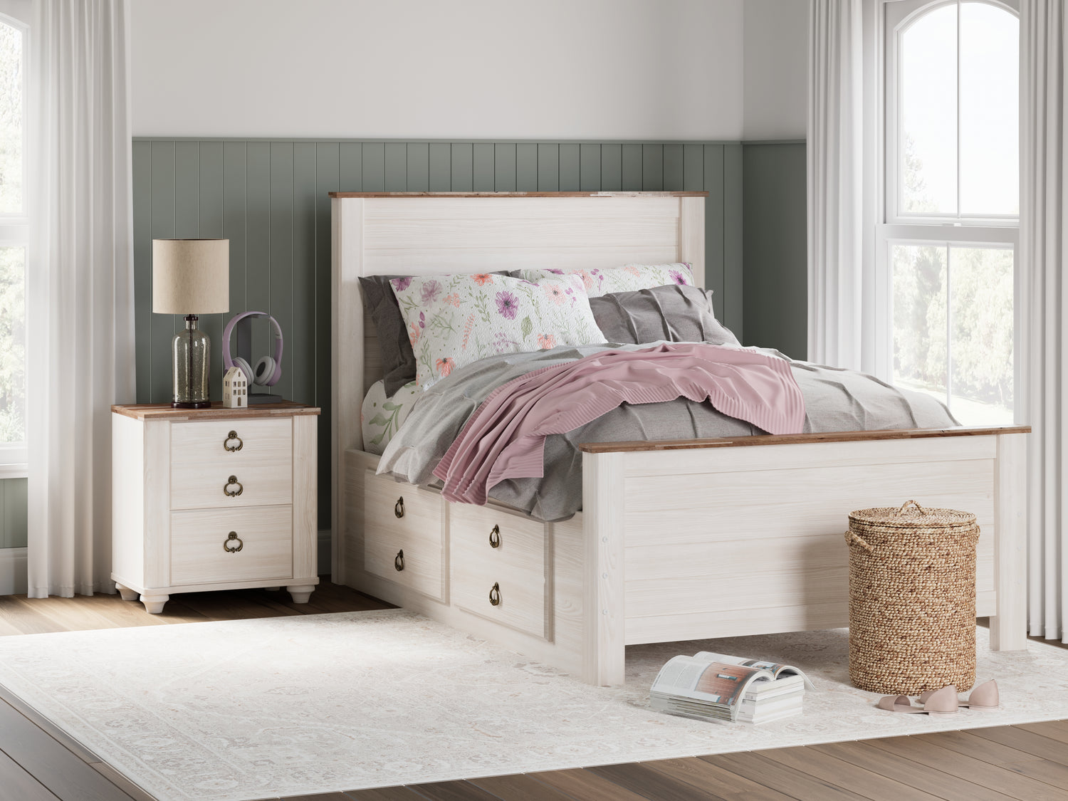 Willowton Full Panel Bed with storage, Dresser, Mirror, Chest and Nightstand - B267B12