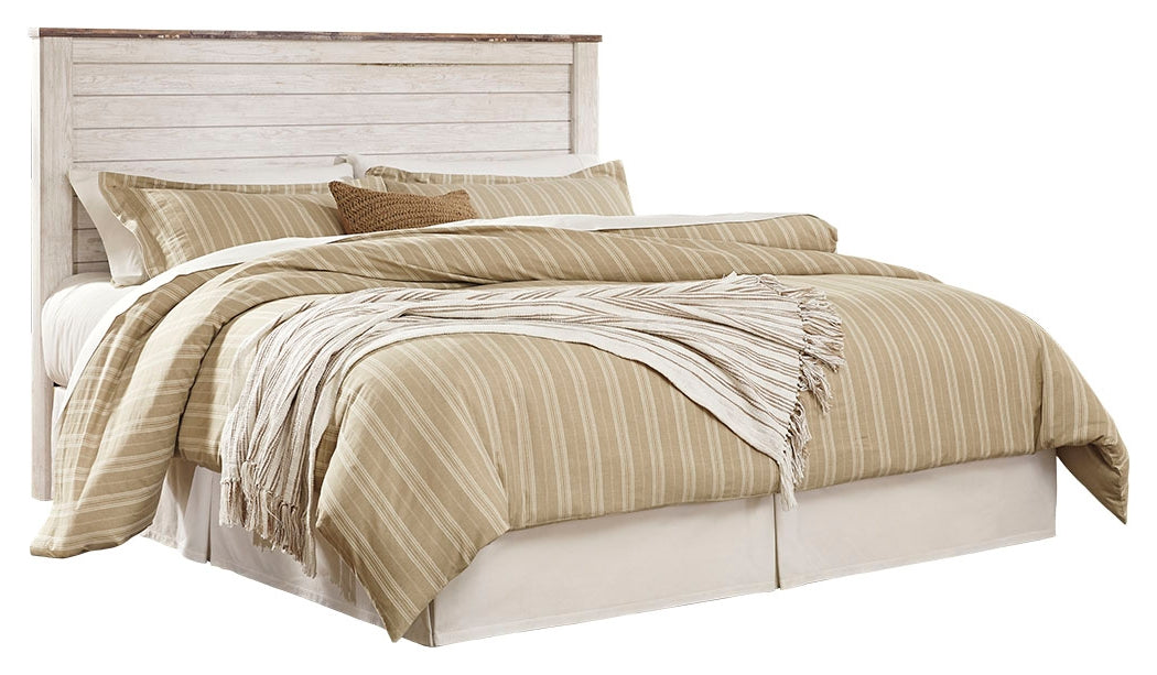 Willowton King/California King Panel Headboard Bed with Mirrored Dresser and Chest in Whitewash from Ashley - Luna Furniture
