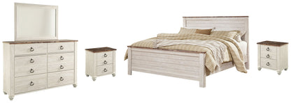 Willowton King Panel Bed with Mirrored Dresser and 2 Nightstands in Whitewash - PKG004360