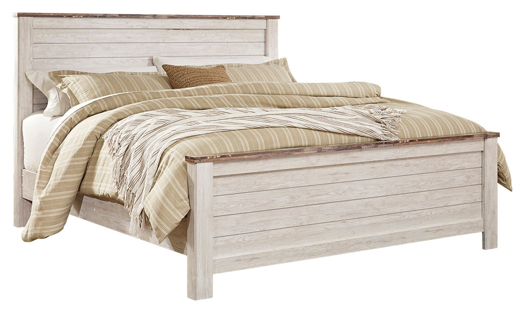 Willowton King Panel Bed with Mirrored Dresser, Chest and 2 Nightstands in Whitewash - PKG004462