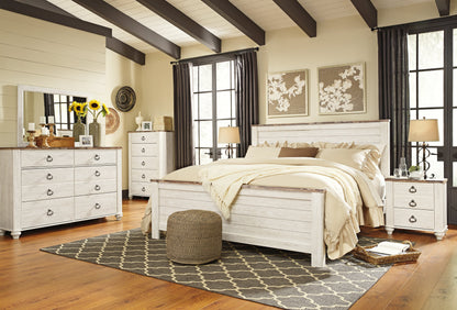 Willowton King Panel Bed with Mirrored Dresser, Chest and Nightstand in Whitewash - PKG004426
