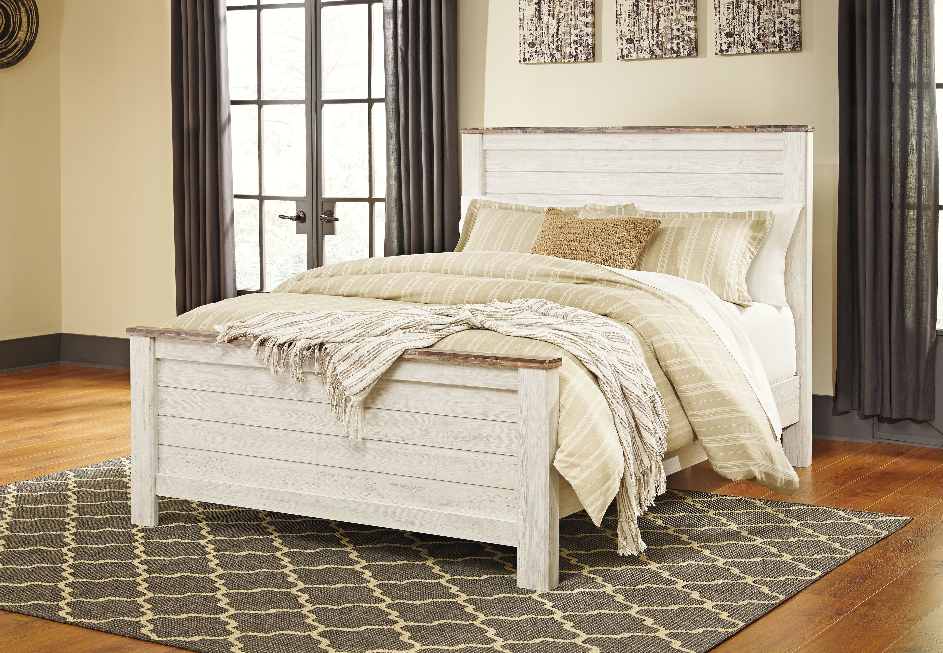 Willowton Queen Panel Bed with Mattress in Whitewash from Ashley - Luna Furniture