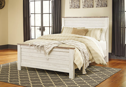Willowton Queen Panel Bed with Mirrored Dresser and 2 Nightstands in Whitewash - PKG004367