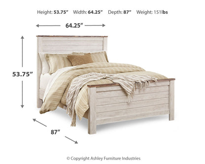 Willowton Queen Panel Bed with Mirrored Dresser and 2 Nightstands in Whitewash - PKG004367