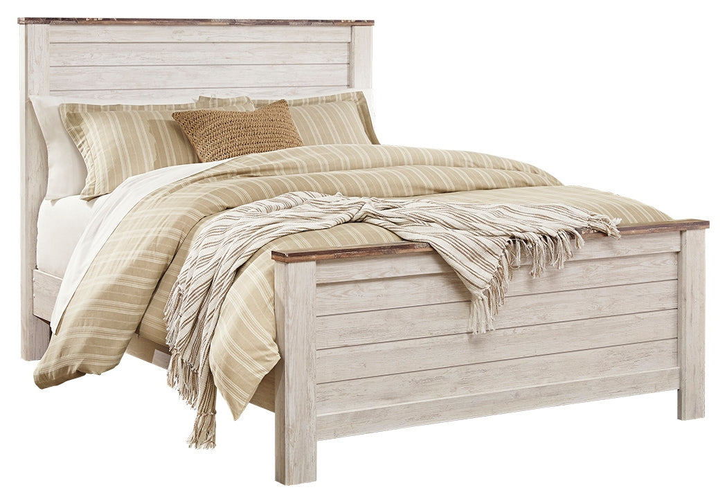 Willowton Queen Panel Bed with Mirrored Dresser, Chest and 2 Nightstands in Whitewash - PKG004473
