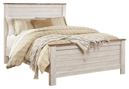 Willowton Queen Panel Bed with Mirrored Dresser, Chest and 2 Nightstands in Whitewash - PKG004473