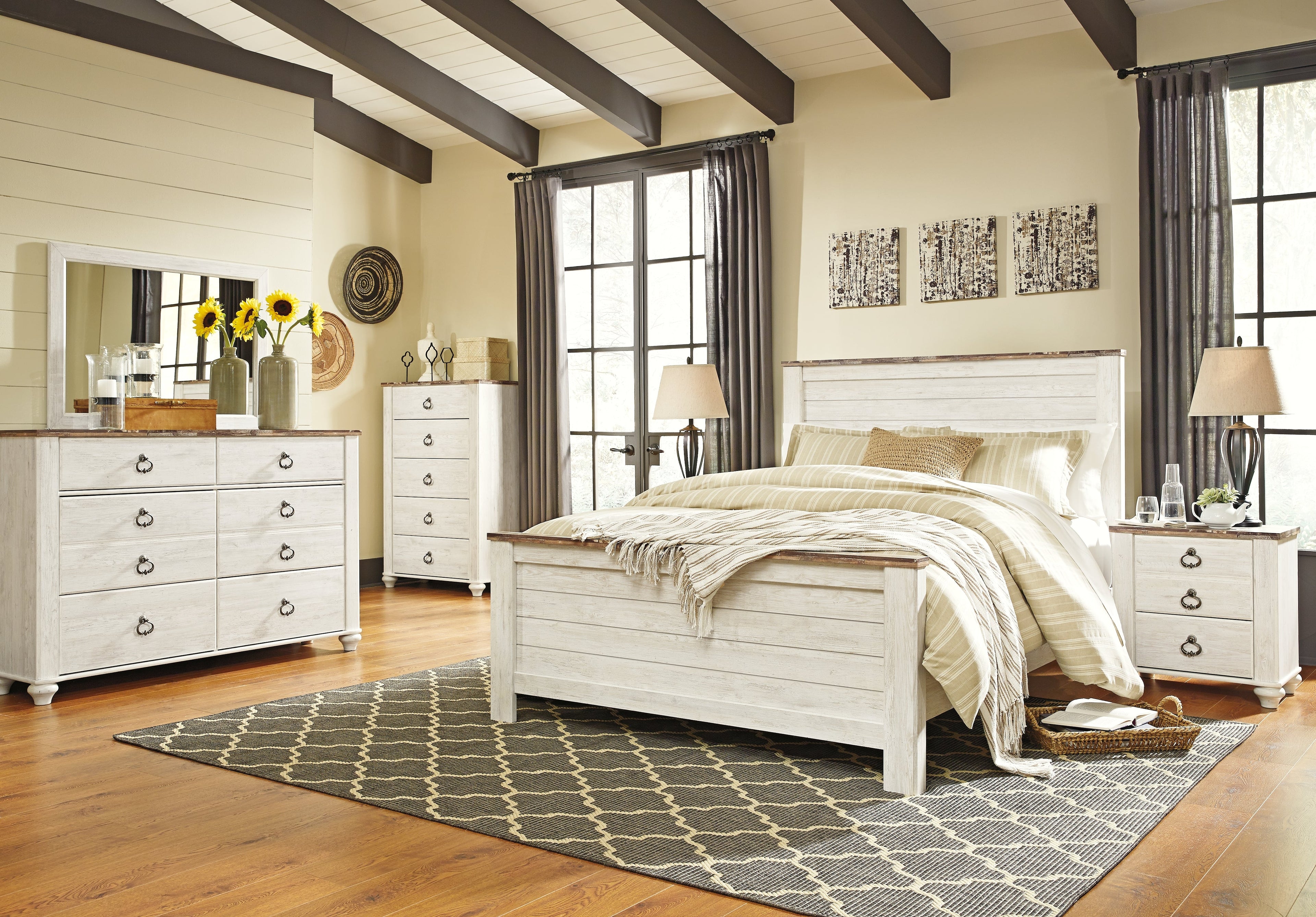 Willowton Queen Panel Bed with Mirrored Dresser, Chest and Nightstand in Whitewash - PKG004434