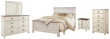 Willowton Queen Panel Bed with Mirrored Dresser, Chest and Nightstand in Whitewash - PKG004434