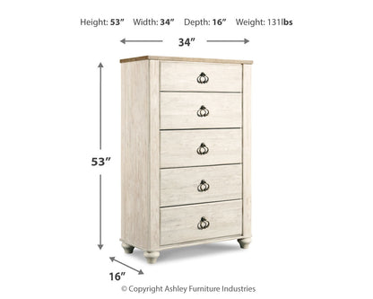 Willowton Queen Sleigh Bed with Mirrored Dresser and Chest in Whitewash - PKG004386