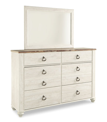 Willowton Queen Sleigh Bed with Mirrored Dresser in Whitewash - PKG004327