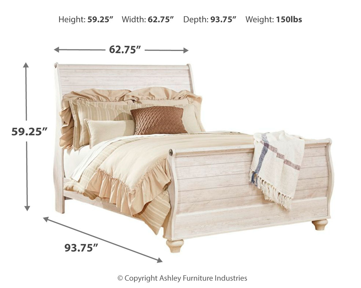 Willowton Queen Sleigh Bed with Mirrored Dresser in Whitewash - PKG004327