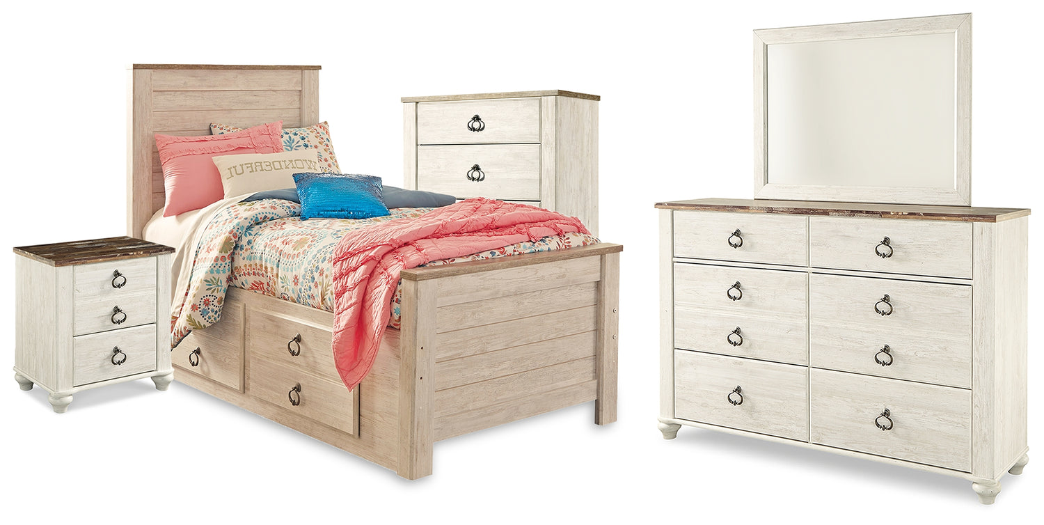 Willowton Twin Bed with Storage, Dresser, Mirror, Chest and Nightstand - B267B65