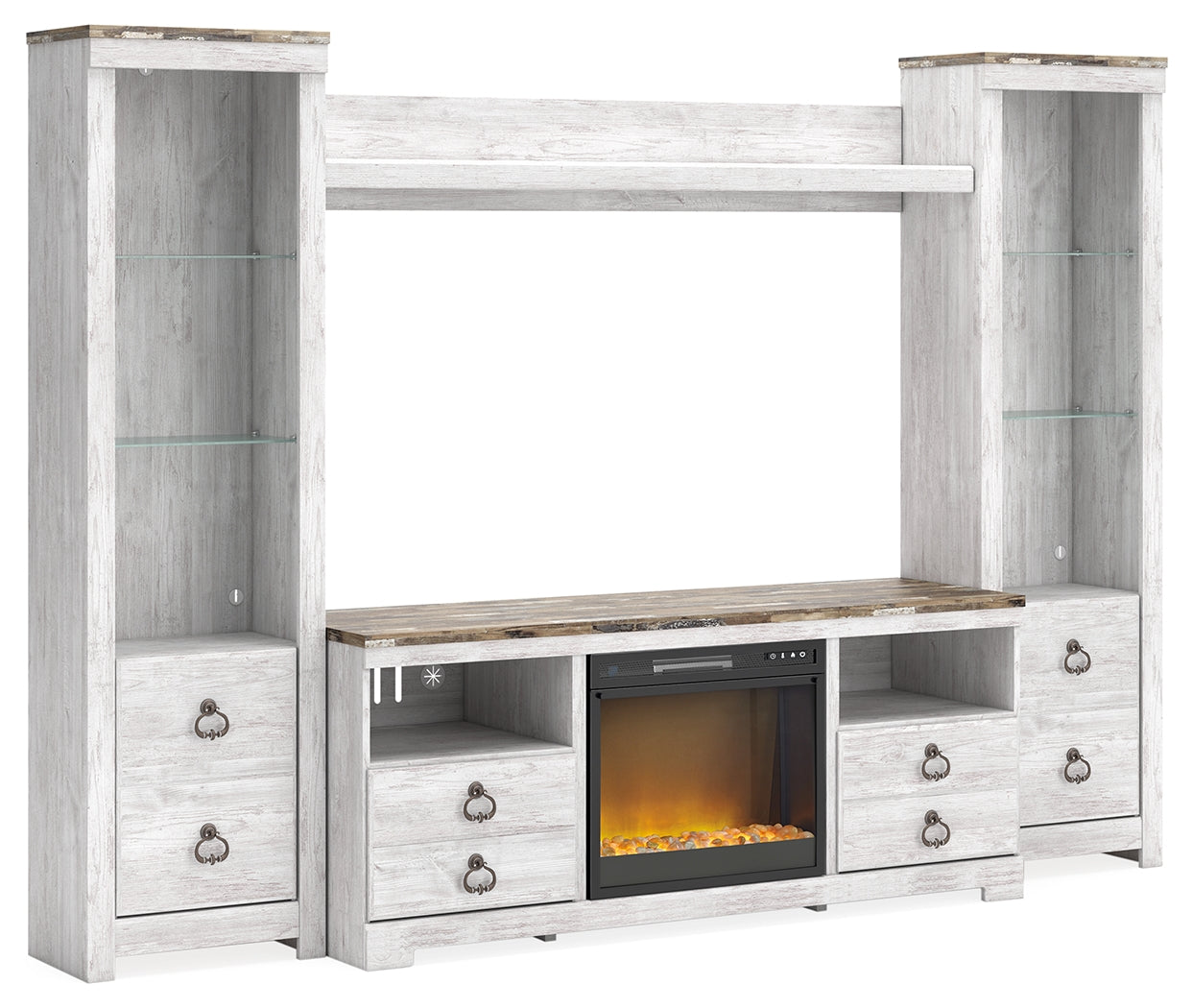 Willowton Whitewash 4-Piece Entertainment Center with Electric Fireplace - W267W4