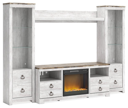 Willowton Whitewash 4-Piece Entertainment Center with Electric Fireplace - W267W4