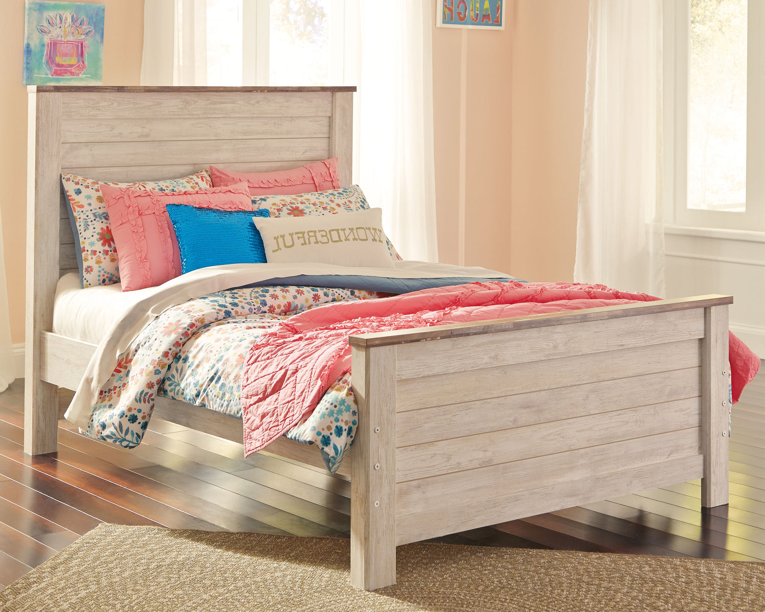 Willowton Whitewash Full Panel Bed, Dresser and Mirror - B267B54