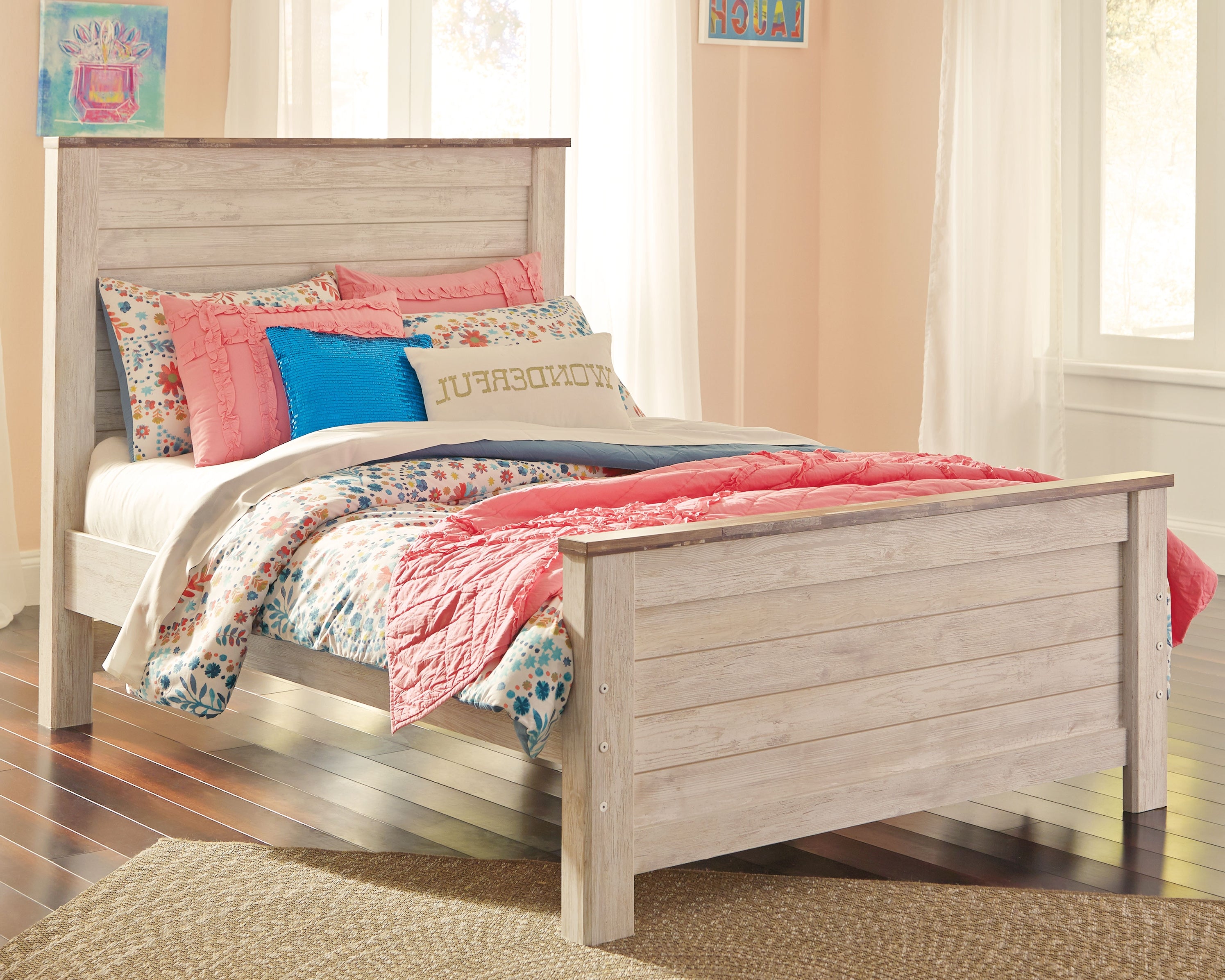 Willowton Whitewash Full Panel Bed, Dresser and Mirror - B267B54