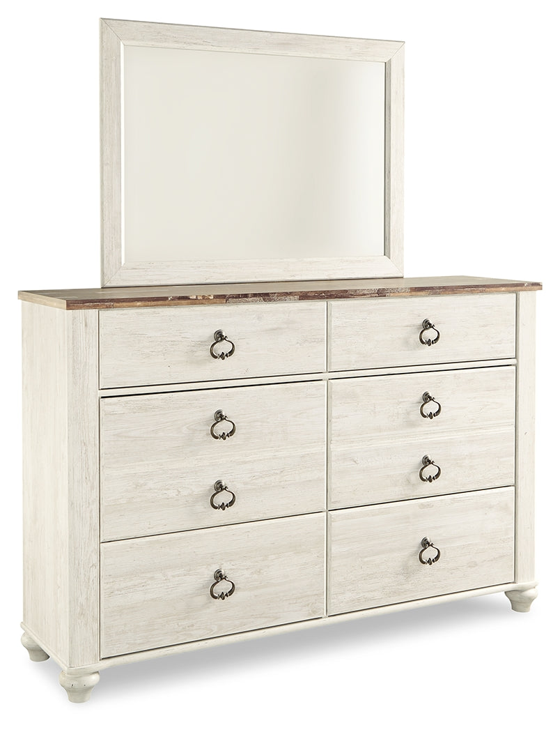 Willowton Whitewash Full Panel Bed, Dresser, Mirror, 2 Chests and nightstand - B267B40