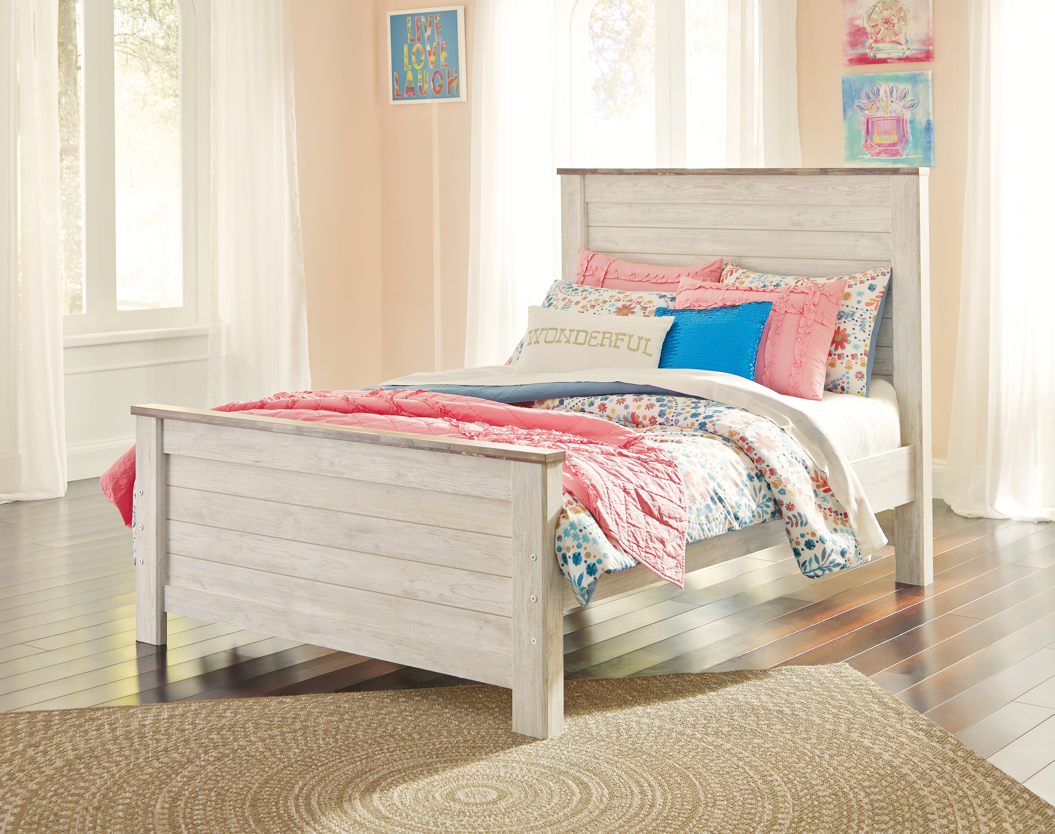 Willowton Whitewash Full Panel Bed, Dresser, Mirror, 2 Chests and nightstand - B267B40
