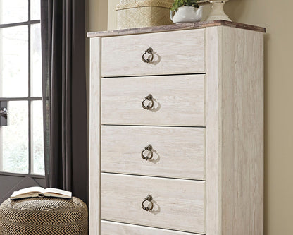 Willowton Whitewash Full Panel Bed, Dresser, Mirror, 2 Chests and nightstand - B267B40