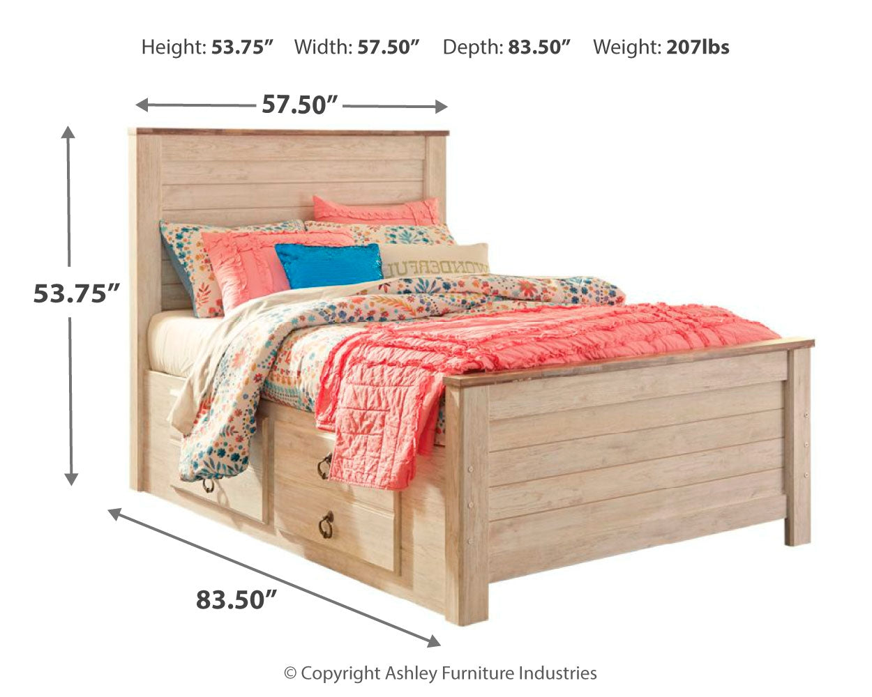 Willowton Whitewash Full Panel Bed with Storage, Dresser and Mirror - B267B52