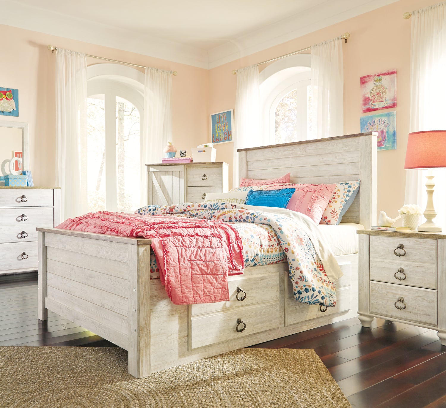 Willowton Whitewash Full Panel Bed with Storage, Dresser and Mirror - B267B52