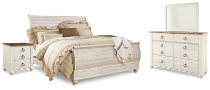 Willowton Whitewash King Sleigh Bed, Dresser, Mirror and 2 Nightstands - B267B46