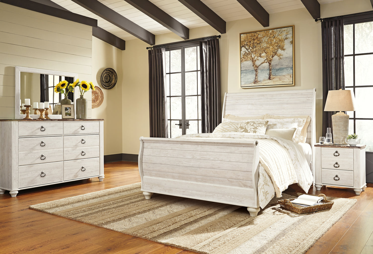 Willowton Whitewash Queen Bed, Dresser, Mirror and Chest - B267B58